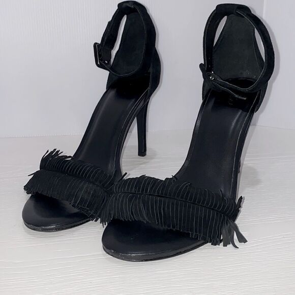 Joie Pippi Suede Fringe Heeled Sandal Size 39.5 In Black - Picture 5 of 13